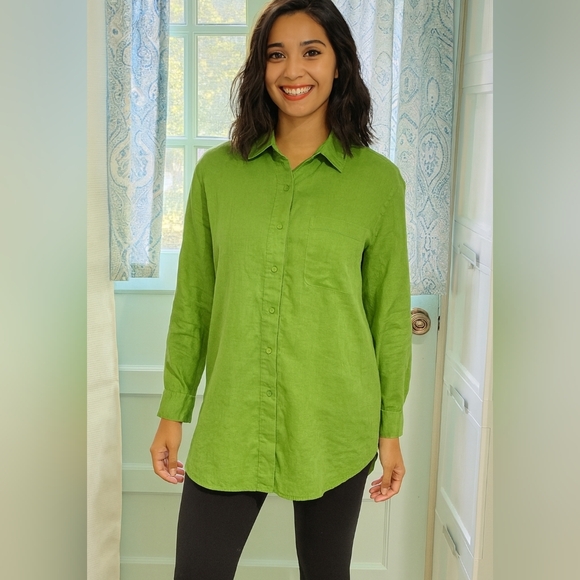 Westbound Kelly Green Linen Boyfriend Shirt - Picture 10 of 10